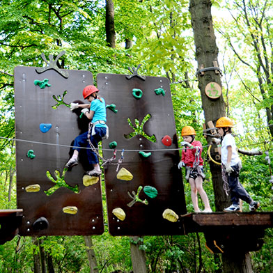 Drei Kinder beim Überwinden der Hindernisse eines Kletterparcours im Hochseilgarten tree2tree